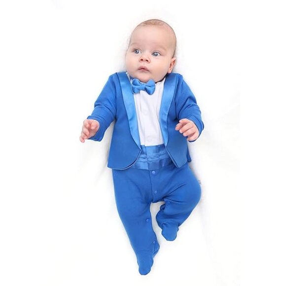 Baby Boy Blue Gentleman Tuxedo Footie Outfit with Bow Tie SZ NB - Picture 1 of 10